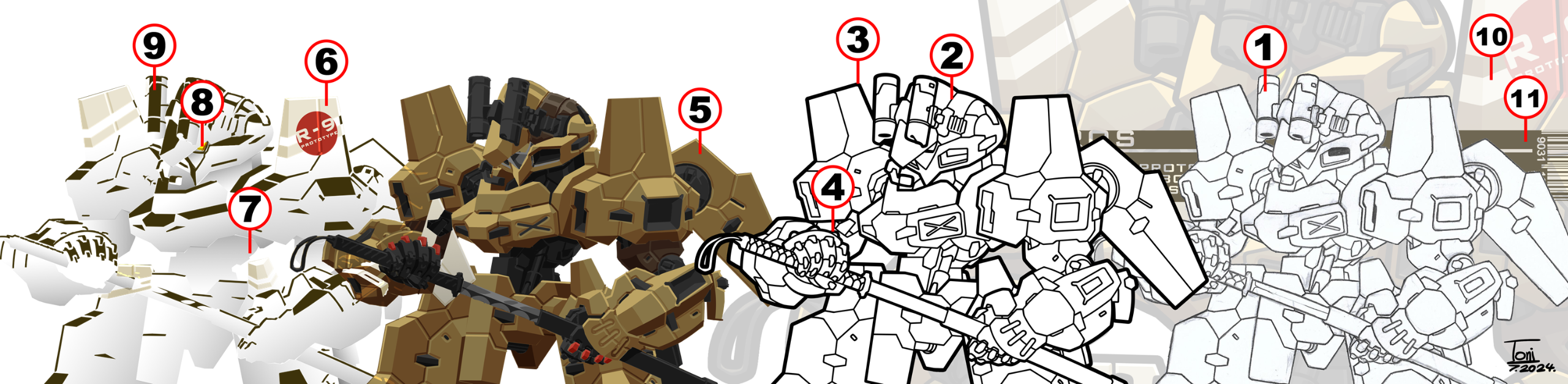 1 - a scanned sketch importd into photoshop 2 - basic lineart with a singular line weight 3 - thick outline 4 - inner outlines separating body pieces from each other and giving a clue as to what objects are closer to the viewer 5 - flat colors give objects